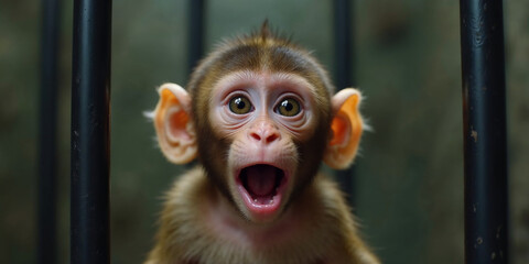 Baby monkey with wide eyes and open mouth looking shocked and curious, making a funny and expressive meme face reaction