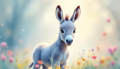 Obraz premium Adorable Donkey Foal in a Whimsical Flower Meadow