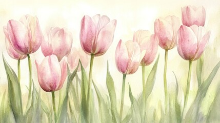 Fototapeta premium Delicate watercolor tulips in soft pinks and creams