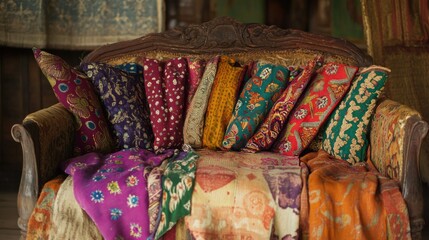 Colorful Cushions and Fabrics on Vintage Sofa in Cozy Setting