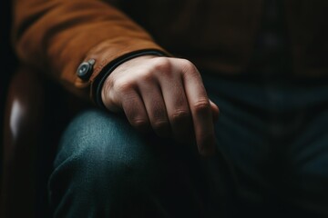 Reflective moment captured in soft light as a hand rests thoughtfully on a knee in a cozy indoor setting Generative AI