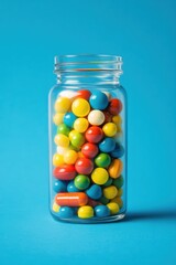 Colorful Capsules and Candies in a Glass Jar Against a Vibrant Blue Background
