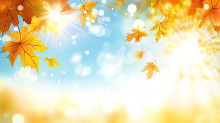 Autumn leaves falling, sunlight, sky background