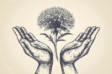 Hands cradle blooming flower, nature's growth concept, illustration, caring, protecting, conservation
