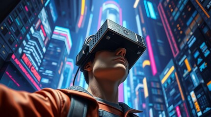 Futuristic VR Experience, Cyberpunk Virtual Reality, VR Gaming in Sci-Fi City.