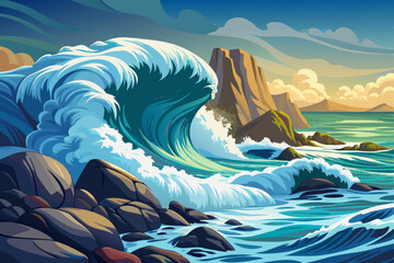 rocky beach with sea waves and stones vector illustration