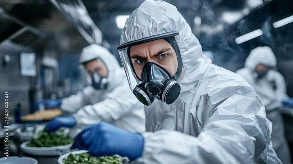 Aufkleber elegant a forensic scientist in a hazmat suit testing food samples in a lab for traces of botulinum 