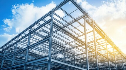 Expansive steel framework of a large-scale industrial plant, with beams stretching skyward.