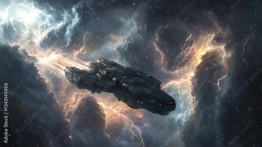 Poster futuristic spaceship navigating through a turbulent nebula