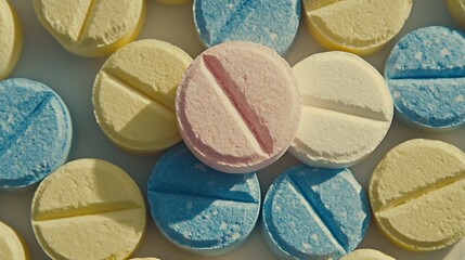 Pills arranged on a table as a healthcare visual