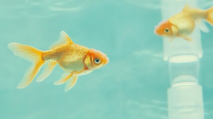 Fototapeta premium Two Orange Goldfish Swimming in a Turquoise Aquarium
