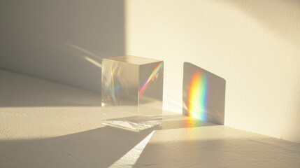 A close-up of a crystal prism casting a small rainbow on a white wall, with soft shadows and light play.