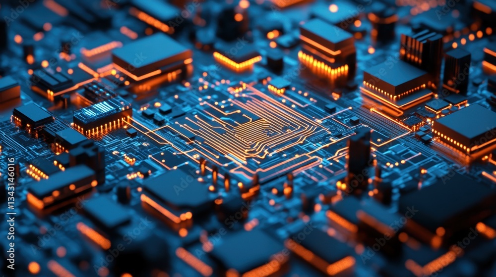 Poster futuristic ai-controlled city with glowing smart grids and automated technology.