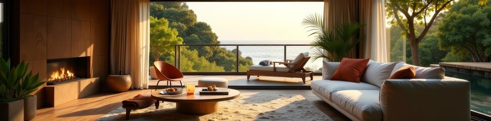 Obraz premium Cozy lounge area with soft cushioned sofa and wooden balcony deck, relaxation, home decor