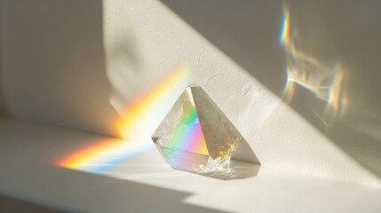 A close-up of a crystal prism casting a small rainbow on a white wall, with soft shadows and light play.