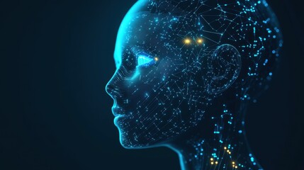 Obraz premium Futuristic AI-powered robotic head with glowing blue circuits and digital connections.