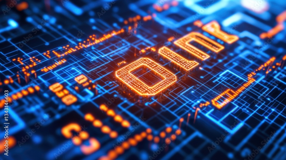 Poster futuristic blockchain bank with encrypted digital finance operations.