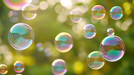 A close-up of soap bubbles floating in the air, each bubble reflecting a tiny, swirling rainbow of colors.