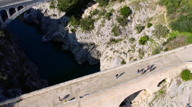 Aerial view of the Pont du Diable in south France by the Grotte de Clamouse and the village of Saint-Guilhem-le-D&eacute;sert