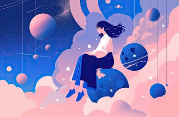 An enchanting portrayal of a woman in a white dress gazing at planets from her perch on fluffy pink clouds, evoking a calm and celestial ambiance.