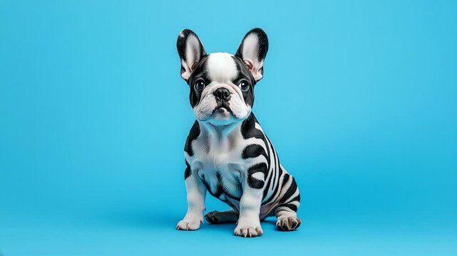 Hybrid mixed breed french buldog puppy with zebra black and white stripes sitting isolated on bright blue studio background and yawning as it is bored and sleepy