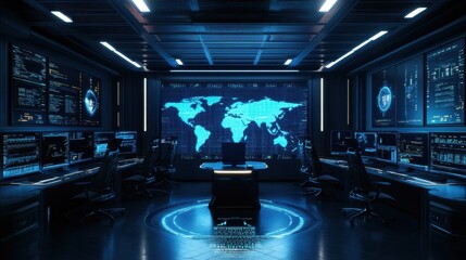 Fototapeta premium Futuristic IT operation center monitoring global cybersecurity threats.