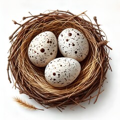 Obraz premium Nest with eggs, feathers, blossoms, and green leaves; springtime serenity is captured.