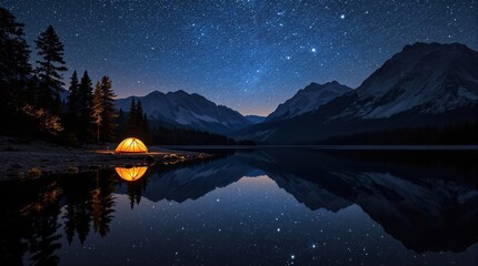Camping under stars at peaceful lakeside site with mirror reflection of countless celestial bodies in still water, mountain silhouettes and pine trees creating natural frame