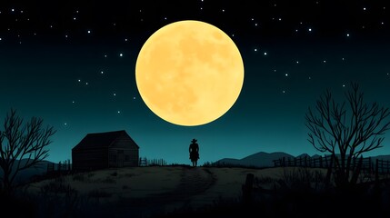 Naklejka premium A lone cowboy riding through a ghost town under the eerie glow of a full moon.