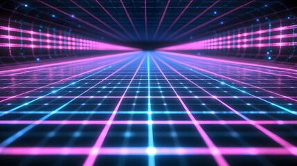 A glowing digital grid displaying vibrant pink and blue neon colors
