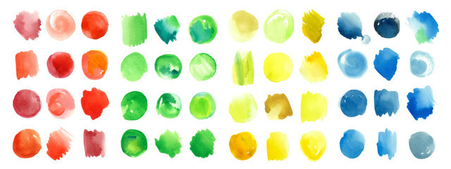Vector set of colorful watercolor spots. Hand painted watercolor yellow, red, green, blue color washes. Texture background collection. Vector EPS 10 hand drawn illustration