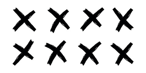 Hand drawn black crosses. Crayon brush handwritten. Marker stroke, pen scribble. Grunge chalk cross set. Strikethrough x doodle lines. Isolated child vector illustration on white background.