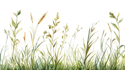 Watercolor painting showing varied grasses and floral elements on white