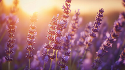 Obraz premium A lavender field captured during the golden hour, with the warm light enhancing the rich purple tones of the flowers.