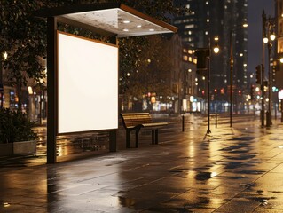 Fototapeta premium A modern bus stop at night, illuminated in an urban setting, with wet pavement.