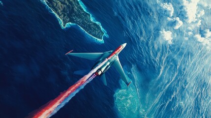Obraz premium High Flying Fighter Jet Over Ocean Island Aerial View