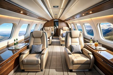 Airplane Interior, White Seats, Large Windows, Modern Aircraft Cabin, Luxury Flight Design