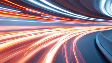 Abstract Night Cityscape with Dynamic Light Trails and Curved Road