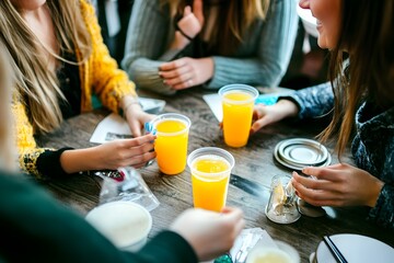 Women Friends Enjoying Orange Juice at Cafe