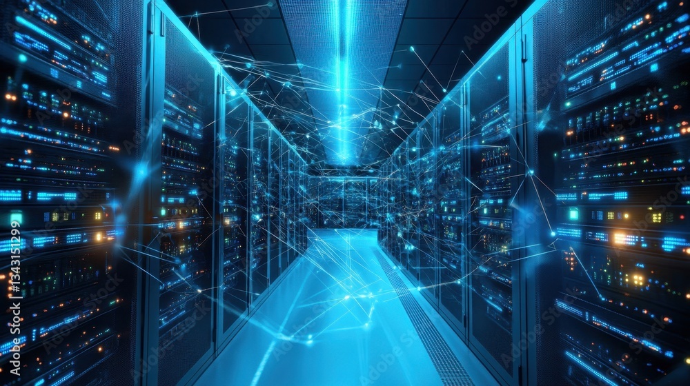 Poster high-tech data center with rows of glowing server racks and network connections.