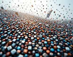 Obraz premium Scattered Colorful Cubes and Spheres with Digital Icons Floating in Air