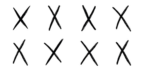 Hand drawn black crosses. Child crayon brush handwritten. Marker stroke, pen scribble. Grunge chalk cross set. Strikethrough x doodle lines. Isolated vector illustration on white background.