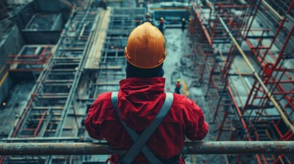 Fototapeta premium Construction worker observes building site with scaffolding at sunset, highlighting teamwork and safety in urban development