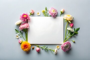 Mock up image of paper and flowers on plain background