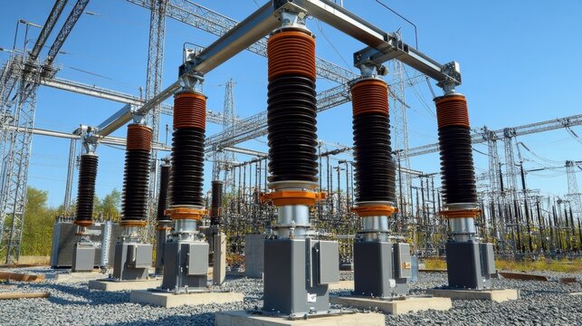 High-voltage transformers and switchgear installation at a power plant site.