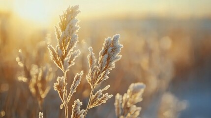 Fototapeta premium Frosty Grass at Sunrise with Golden Sunlight in a Winter Landscape