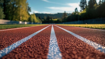 Running track perspective, sunny day, trees, hills in background