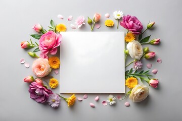 Mock up image of paper and flowers on plain background