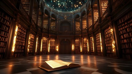 Obraz premium A grand library filled with floating books, magical runes glowing on ancient scrolls.