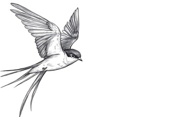 Fototapeta premium Swallow flying with outstretched wings on white backdrop, simple drawing suitable for illustration